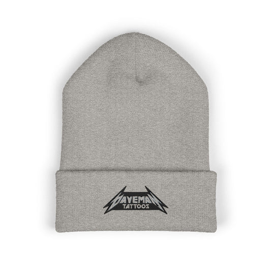 Embroidered 'Daveman Tattoos' Cuffed Beanie — White Knit Skull Cap