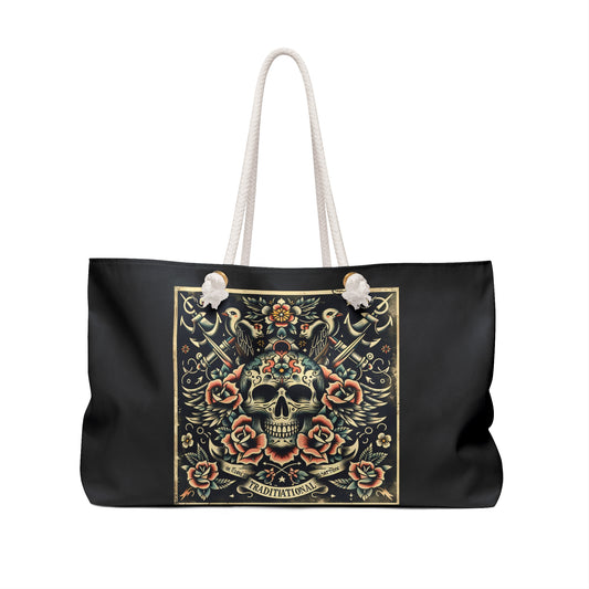 Traditional Tattoo-Inspired Weekender Bag with Skull and Roses.