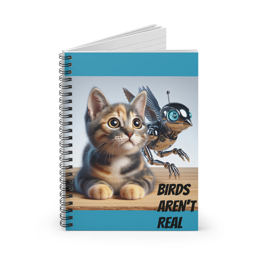 Whimsical Cat & Robot Spiral Notebook - Animal Lover Gift, School Supplies, Writers Journal, Funny Birds Design, Ruled Line