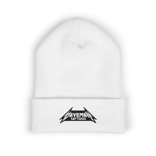 Embroidered 'Daveman Tattoos' Cuffed Beanie — White Knit Skull Cap
