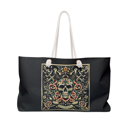 Traditional Tattoo-Inspired Weekender Bag with Skull and Roses.