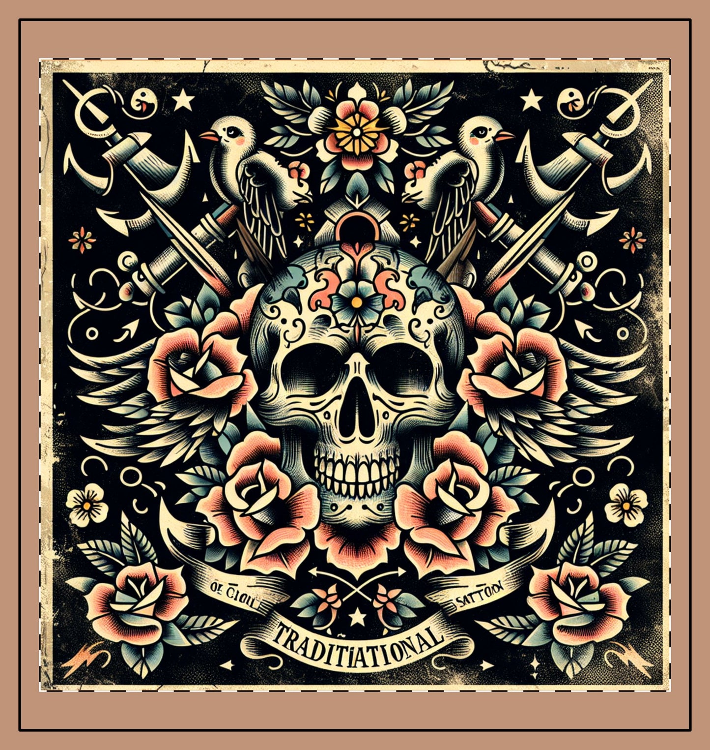 Traditional Skull and Roses Woven Pillow – Bohemian Home Decor, Perfect for Gift Giving