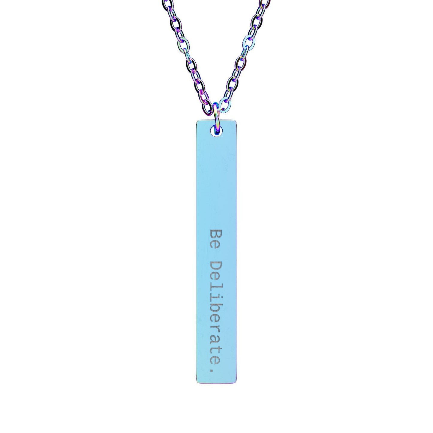 Engraved Vertical Bar Necklace — "Be Deliberate" Inspirational Pendant