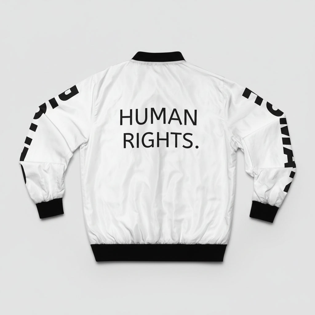 White jacket with 'HUMAN RIGHTS.' text on a white background