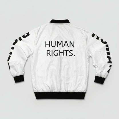White jacket with 'HUMAN RIGHTS.' text on a white background