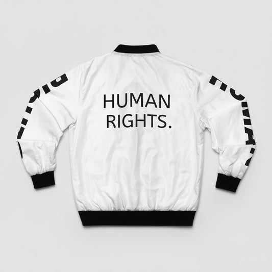 White jacket with 'HUMAN RIGHTS.' text on a white background